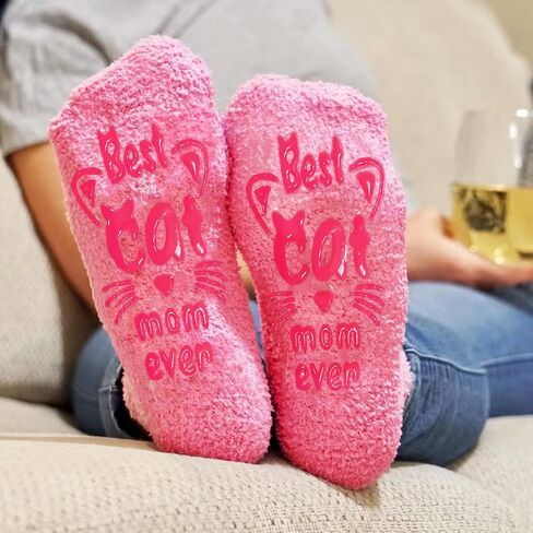 AmoraKiva Cat Gifts for Cat Lovers - Funny Socks Cat Lover Gifts for Moms Women Novelty Cat Socks Silly Fun Pink Fuzzy Socks Valentine Gifts for Cat Mom Her in Saudi Arabia
