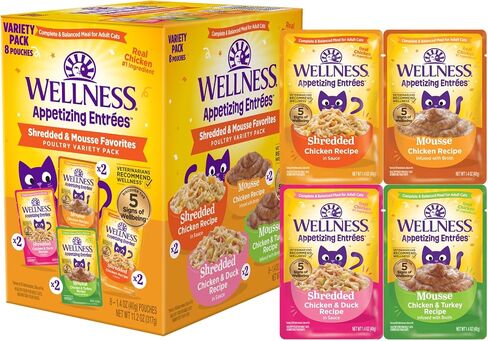 Wellness Appetizing Entrées Flaked & Shredded Adult Wet Cat Food, Natural, Protein-Rich, Grain Free, 2.8 Ounce Pouch, 8 Pack (Seafood & Poultry Variety Pack) in Saudi Arabia
