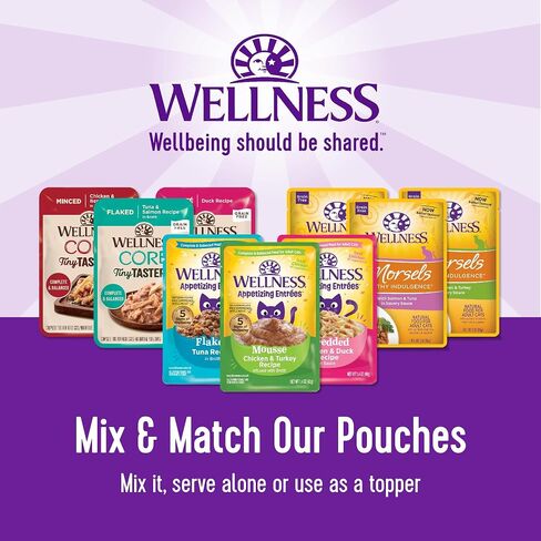 Wellness Appetizing Entrées Flaked & Shredded Adult Wet Cat Food, Natural, Protein-Rich, Grain Free, 2.8 Ounce Pouch, 8 Pack (Seafood & Poultry Variety Pack) in Saudi Arabia