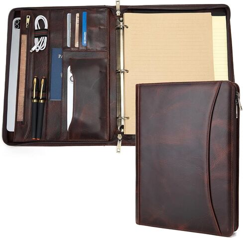 3 Ring Binder Genuine Leather Portfolio, Front Pocket, 8.5 x 11 Legal Pad Padfolio for Men and Women, Zip Notepad Laptop Organizer, Professional Business Executive Work Folio, Brown, Oil Tanned in Saudi Arabia