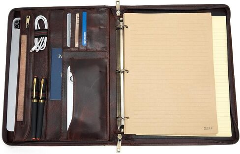 3 Ring Binder Genuine Leather Portfolio, Front Pocket, 8.5 x 11 Legal Pad Padfolio for Men and Women, Zip Notepad Laptop Organizer, Professional Business Executive Work Folio, Brown, Oil Tanned in Saudi Arabia