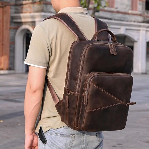 Vintage Full Grain Leather Backpack for Men, 16" Laptop Rucksack For Men Hiking Trave Work Business Bag, Dark Brown in Saudi Arabia