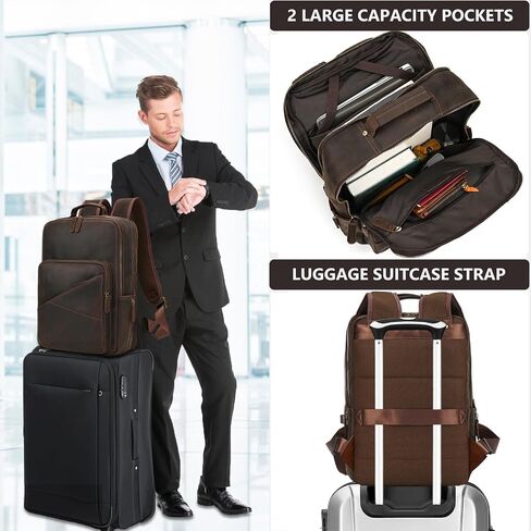 Vintage Full Grain Leather Backpack for Men, 16" Laptop Rucksack For Men Hiking Trave Work Business Bag, Dark Brown in Saudi Arabia