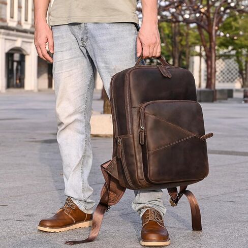 Vintage Full Grain Leather Backpack for Men, 16" Laptop Rucksack For Men Hiking Trave Work Business Bag, Dark Brown in Saudi Arabia