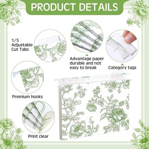 20 Pcs Blue Floral Decorative Hanging Letter Size Cute File Folders Designer Floral Folders File Organizer for Filing Cabinet Office Home with 1/5 Cut Adjustable Tabs in Saudi Arabia