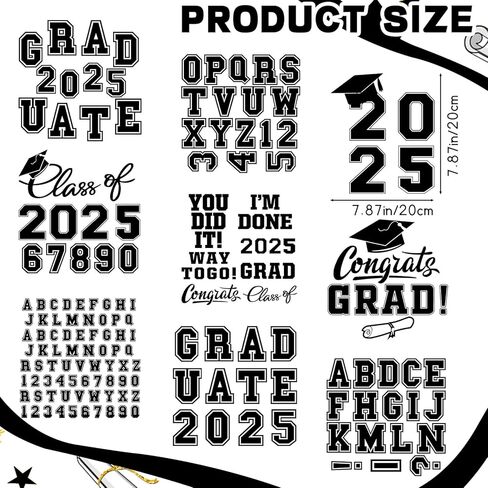 9 Sheet 2025 Graduation Iron On Decals Graduation Pattern Letter Number Patches Set Heat Transfer Blue Applique Decor for Fabric Graduation Gown Cap Toppers DIY Craft in Kuwait