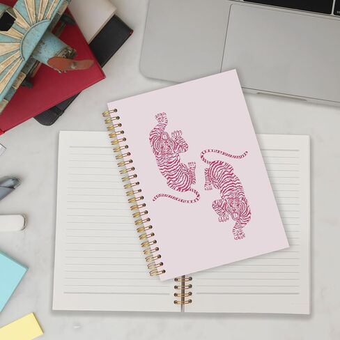 Qabliqo Pink Two Tigers Spiral Notebooks, Trendy Preppy Tiger Journals for Writing, Tiger Gifts for Women Journal, Girly Aesthetic Animal Pink Notebook for Note Taking, 5.5x8.3 Inch in Kuwait