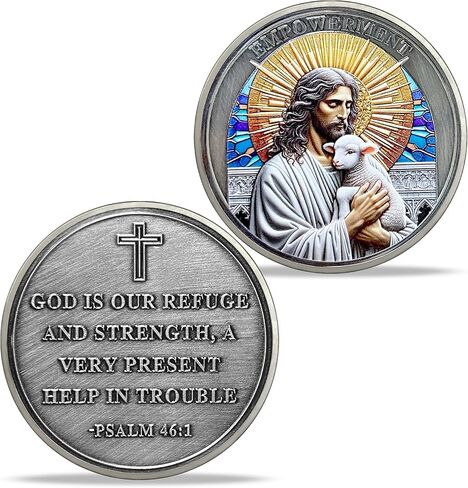 Jesus Christ with Lamb Challenge Coin, Christian Prayer Token with Antique Silver Plating Psalm 46:1 Religious Coins in Kuwait