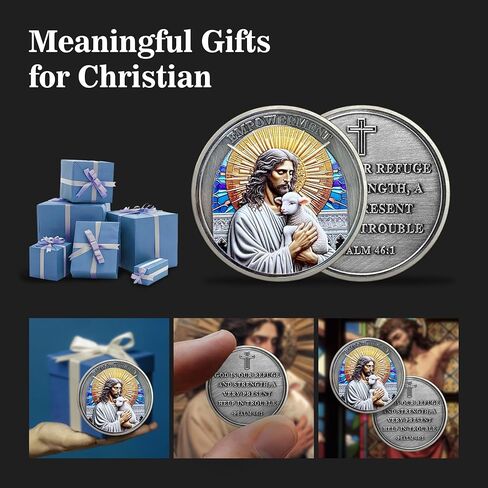 Jesus Christ with Lamb Challenge Coin, Christian Prayer Token with Antique Silver Plating Psalm 46:1 Religious Coins in Kuwait