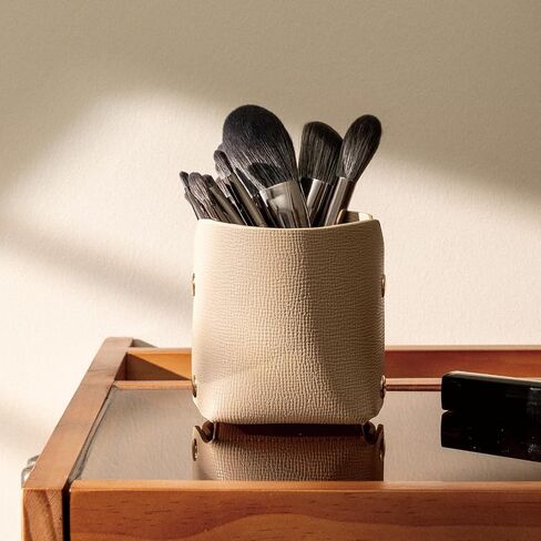 Leather Makeup Brush Holder Organizer for Vanity Desktop Cosmetic Bathroom Countertop,Desk Storage Holder for Eyebrow Pencil Lipstick Remote Cosmetic Organizers,Ivory in Saudi Arabia