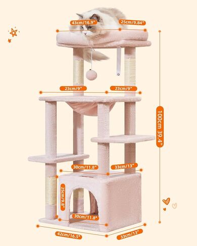 Taoqimiao Cat Tree,39.4-Inch Cat Tower for Indoor Cats,Suitable for Kittens with Luxurious cat condo with Soft Hammock and Luxurious Perch MS027G Smoky Gray in Saudi Arabia