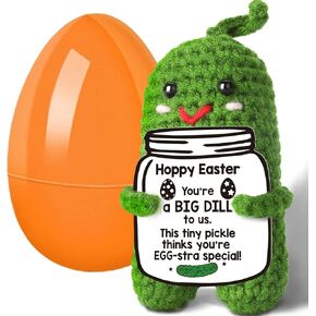 Hoppy Easter Pickle Plush - You're a Big Dill! Funny Crochet Pickle Doll, Handmade Easter Basket Stuffers for Teens, Unique Easter Eggs Fillers, Cute Easter Gifts Toys 5 Inch