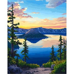Crater Lake Paint by Number ، طلاء National Park بأرقام للبالغين ، أوريغون الولايات المتحدة الأمريكية Acrylic DIY زيت الزيت ، وجبال القماش ديكور الجدران المنزلية - Nature Wilderness Landscape (16x20inch ، غير مؤلف)