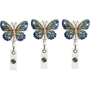 3Pcs Crystal Blue Butterfly Rhinestones Retractable Badge Reel, Bling Diamond Nurse Badge Holder Reels, Swivel Alligator Clip Badge Holders for Teachers Students Volunteers Employees Badge Holders