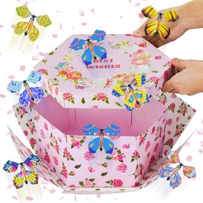 Quimoy Flying Butterfly Surprise Box, Mother's Day Explosion Gift Box with 8 Pcs Flying Butterfly, Hexagon Exploding Gift Boxes for Birthday, Wedding, Anniversary