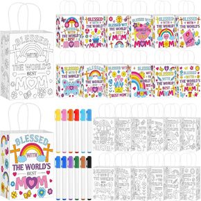 Geyoga 72 PCS الأمهات الدينية يوم الحرف Craft Craft الخاصة بك حقائب الهدايا عيد الأم DIY تلوين الورق المسيحي أفضل حقيبة Goodie مع 24 الأقلام الملونة لمستلزمات الحفلات الكنسية في مدرسة الأحد.