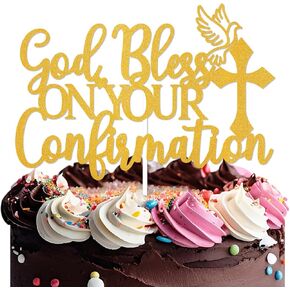 God Bless On Your Confirmation Cake Topper - First Confirmation Decor Baptism, Baby Shower, Bridal Shower, Engagement, Wedding Anniversary Party Decorations Gold Glitter