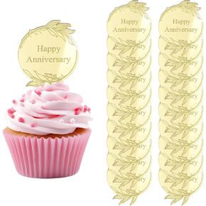 Happy Anniversary Acrylic Cupcake Toppers, 20pcs Round Cake Discs & Mirror Acrylic Cake Picks Topper Charm Decoration Party Supplies