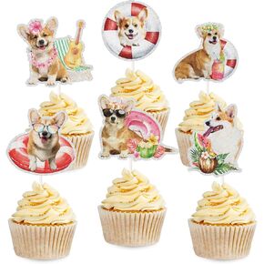 18pcs Corgi Dessert Cupcake Toppers Cute Corgi Beach Hawaii Theme Birthday Party Cupcake Picks Summer Let's Pawty Themed Pet Party Decoration Supplies ﻿