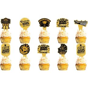 36PCS Class of 2025 Cuckake Cupcake Topcake Black Gold - Diploma Grad Cap Cake Decorting
