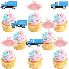 Cheereveal 24 PCS شاحنات أو Tutus بين الجنسين تكشف عن الزخارف أو الشاحنات أو فساتين الباليه كب كيك أدوات القبع