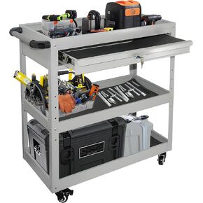 MYOYAY 3 Tier Utility Cart with Storage Drawer, Rolling Tool Cart on Wheels 450 lbs Loading Capacity, Height Adjustable Mechanic Cart Alloy Steel Organizer for Warehouse Garage Garden Workshop