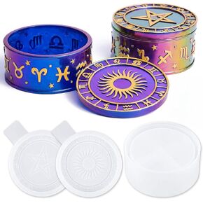 Silicone Resin Mold, Constellation Storage Box Jewelry Organizer Zodiac DIY Epoxy Resin Jar with Sun and Star Lids, Jewelry Trinket Container Candle Holder, DIY Casting Handcraft Glossy Art