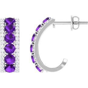 Real Amethyst J Hoop Earrings, Wedding Bridal Jewelry for Women, February Birthstone, AAA Quality, 925 Sterling Silver
