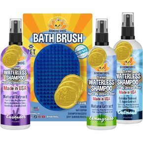 Bodhi Dog Lavender + Lemongrass + Oatmeal & Apple Waterless Shampoo 8oz + Grooming Shampoo Brush Bundle