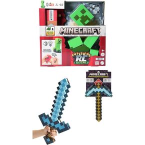 Bundle of Mattel Minecraft Exploding RC Creeper with Lights & Sounds, 10 Explosion Particles & DLC Code + Mattel Minecraft Transforming Diamond Sword & Pick-Axe Kid-Sized 2-in-1 Toy Accessory