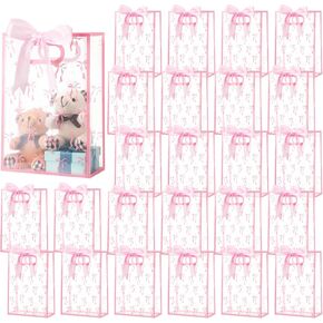 Kolldenn 24 PCS Clear Pink Coquette Bow Plastic Gift Bag With Die Cut Handles Flower Pp Pp Bag Bag مع شريط لعيد الأم عيد ميلاد حفل زفاف الشاي لحفل الشاي الإمدادات