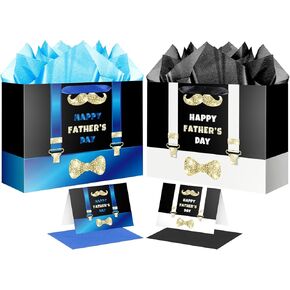 Jwscysy 2pcs 12.6 "حقيبة هدايا عيد الأب السعيد مع البطاقة وورق الأنسجة （أسود ، أزرق）