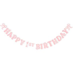 Happy 1st Birthday Banner - Pink Bow Decorations, Girl's First Birthday Banner