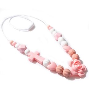 Silicone Nursing Necklace - New Mother's Breastfeeding Supplies,Pink Rose Cross Silicone Necklace,Communion Baptism Party Decorations,Newborn Sensory Necklaces Silicone Jewelry