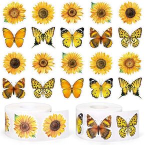 Whaline 1000Pcs Sunflower Butterfly Stickers Roll Summer Floral Flower Paper Decals 10 Designs Watercolor Yellow Self-Adhesive Decorative Stickers for Envelope Scrapbook Party Supplies, 2 Roll
