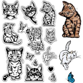 CRASPIRE Cat Clear Stamps Cartoon Animal Butterfly Heart Vintage Reusable Retro Postmark Transparent Silicone Stamp Seals for Journaling Card Making Decor DIY Scrapbooking Supplies Album Decoration