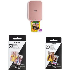 Canon Ivy 2 Mini Photo Printer ، اطبع من أجهزة iOS & Android المتوافقة ، وطباعة لزجة الظهير ، حزمة الورق الوردي وزينك ، 50 ورقة وحزمة ورق Zink ، 20 ورقة ، بيضاء ، 2 "× 3"