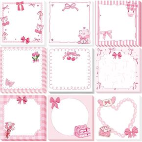 Coquettte Pink Bow Sticky Notes - 9 PCS Self Stick Note with Pink Bear Butterfly Cherry Pattern to Do List Memo Pads School Office Study Supplies for Women Girly 3x3 Inches