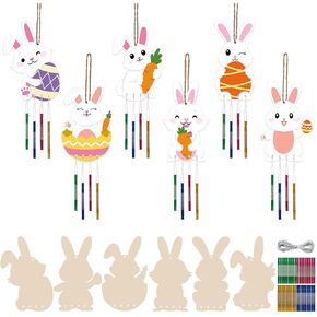 Hedeey 12 Packs Easter Wind Chime Kit for Kids ، Make Your Wind Chime Kit ، DIY Coloring Bunny Wooden Crafts Kits for Kids Ages 4-8 Project Easter Spring Party Decoration (Bunny)