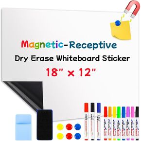 24"x16" Magnetic Dry Erase Whiteboard - Self-Adhesive Flexible Wall Board Kit with 11 Markers, 6 Magnets, Magnetic Eraser & Holder - Ultra Smooth Writing,Effortless Clean for Office, Home, School