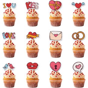 24 PCS عيد الحب قلب القبعات العليا كعكة مع العصي لإدراج لخبز الخبز ذكرى الزفاف كب كيك ديي لوازم الزخارف اللطيفة