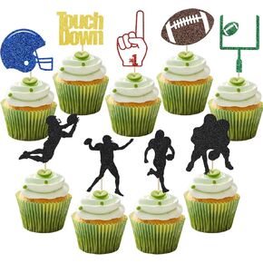 36 PCS America Football Cupcake Toppers ، 9 أنماط Glitter Glitter Rugby Ball Cupcake تختار الهبوط لاعب الكعكة للرجبي لموضوع عيد ميلاد للرجبي.