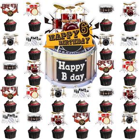 Drum 6th Birthday Party Decorations Supplies, Rock Roll Music Themed Cupcake Toppers Decoration Baby Shower Boys Kids Drummers Happy Birthday Cupcake Toppers Decorations (6th)