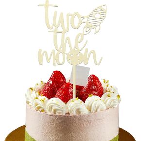 Two the Moon Cake Topper - زخارف عيد الميلاد الخشبية الثانية ، كعكة الفضاء ، أعلى ، سبيس مون هبوط ، كعكة الحزب ،