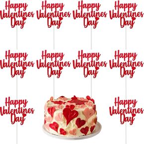 10pcs Happy Valentine's Cake Toppers Red Heart Cupcake Topper Red Glitter Cake Topper Design Design Party Cake لعيد عيد الحب ، لوازم حفلات عيد الأم (عيد الحب)