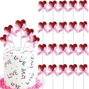 20 PCS Red Glitter Heart Love Bowknot Cupcake Topcake Topcake Glitter Heart Bow Cupcake Decors for Baking Happar