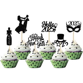 24 PCS 2025 Happy New Year Cupcake Toppers 2025 New Year's Ball Dinner موضوع موضوع كعكة الديكور حلوى MgPferd