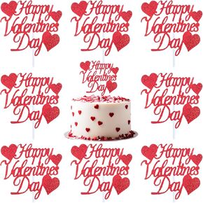 10pcs Happy Valentine's Cake Toppers ، Red Glitter Heart Cupcake Topper for Cake Decoration ، Cupcake Topper ، Supplies Party Cakes for Valentine ، يوم الذكرى السنوية