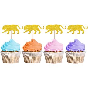 24pcs Tiger Cupcake Toppers و Safari Tiger Cupcake Toppers و Jungle Animal Cupcake و Safari Animal تحت عنوان زخرفة حفلة عيد ميلاد - Gold Glitter