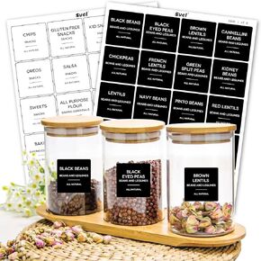 PCS Kitchen Pantry ملصقات بيضاء لحاويات تخزين الطعام ملصقات فينيل مقاومة للماء ، ملصقات لتنظيم مخزن ، ملصق توابل الخبز المطبوعة مسبقًا (أسود ، 335)